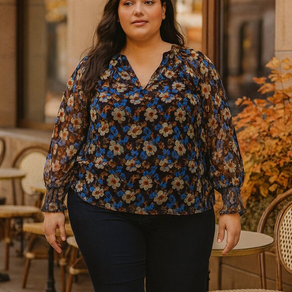 Philosophy Woman 2X Floral Blouse Sheer Long Sleeve Smocked Cuffs Top NWOT - Picture 1 of 9